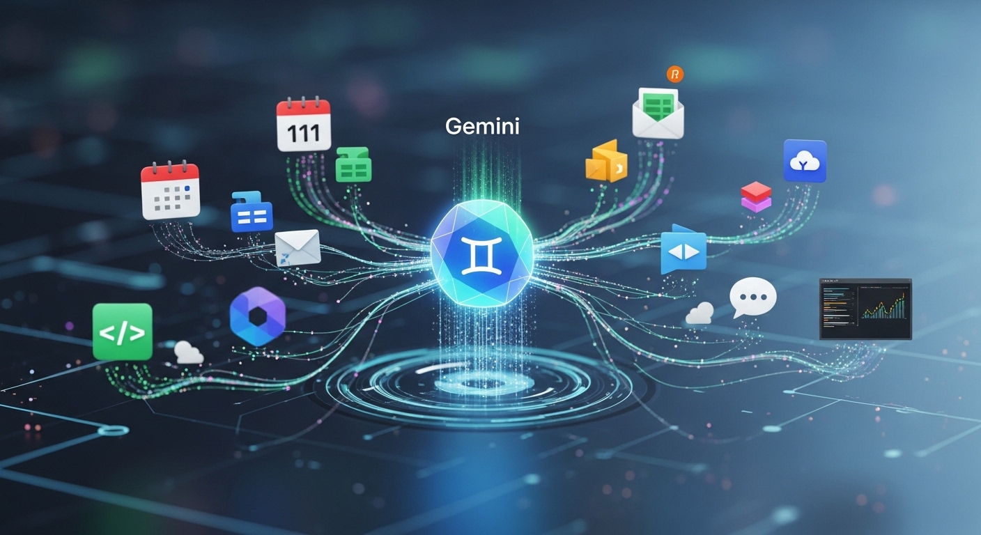 Représentation visuelle de l'écosystème Gemini connecté aux outils de productivité et de stockage Google