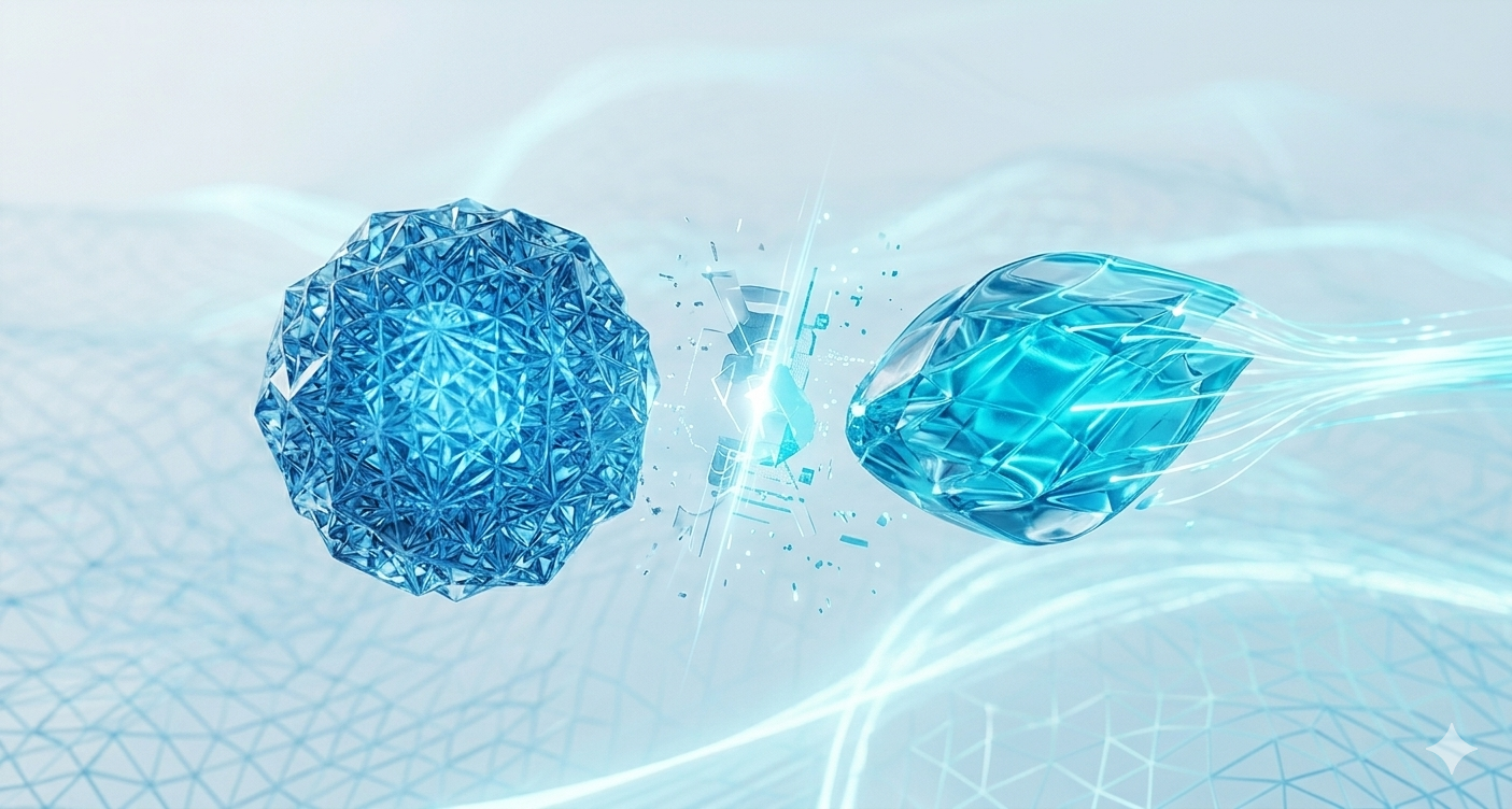 Illustration 3D abstraite montrant la confrontation entre les noyaux Pro et Flash de l'intelligence artificielle Gemini