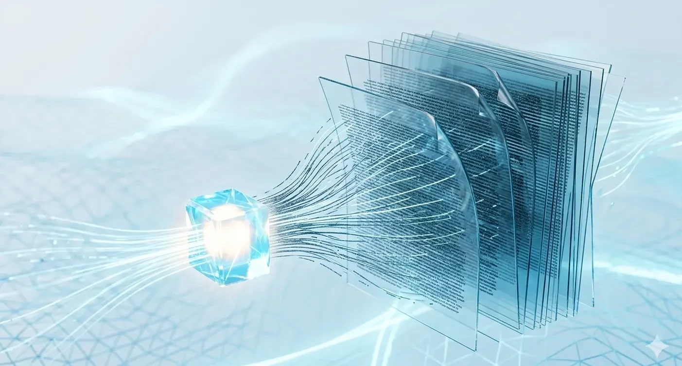 Illustration 3D abstraite montrant un document PDF se transformant en un résumé rapide grâce à l'intelligence artificielle Gemini