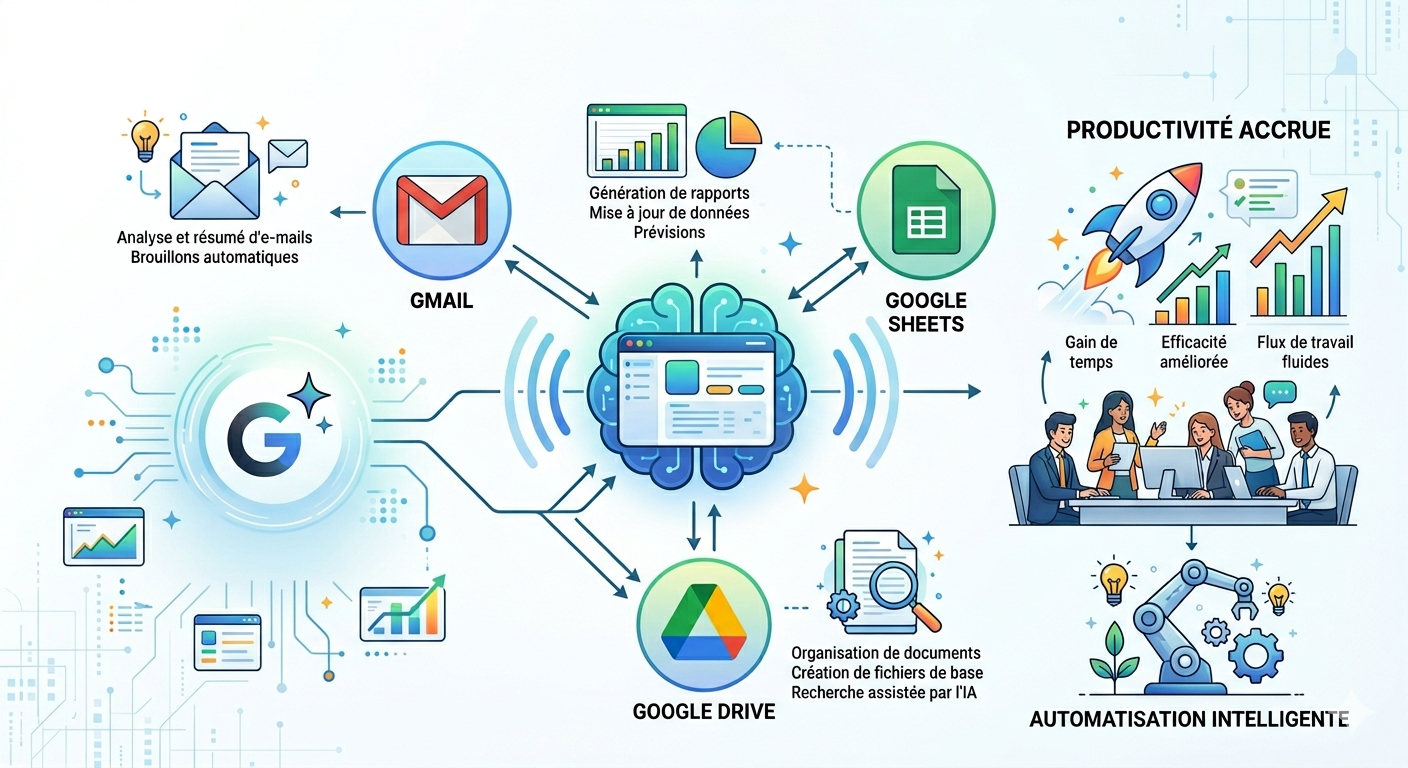 Diagramme conceptuel illustrant l'automatisation Gemini Workspace Studio connectant Gmail, Sheets et Drive pour une productivité accrue en 2026.