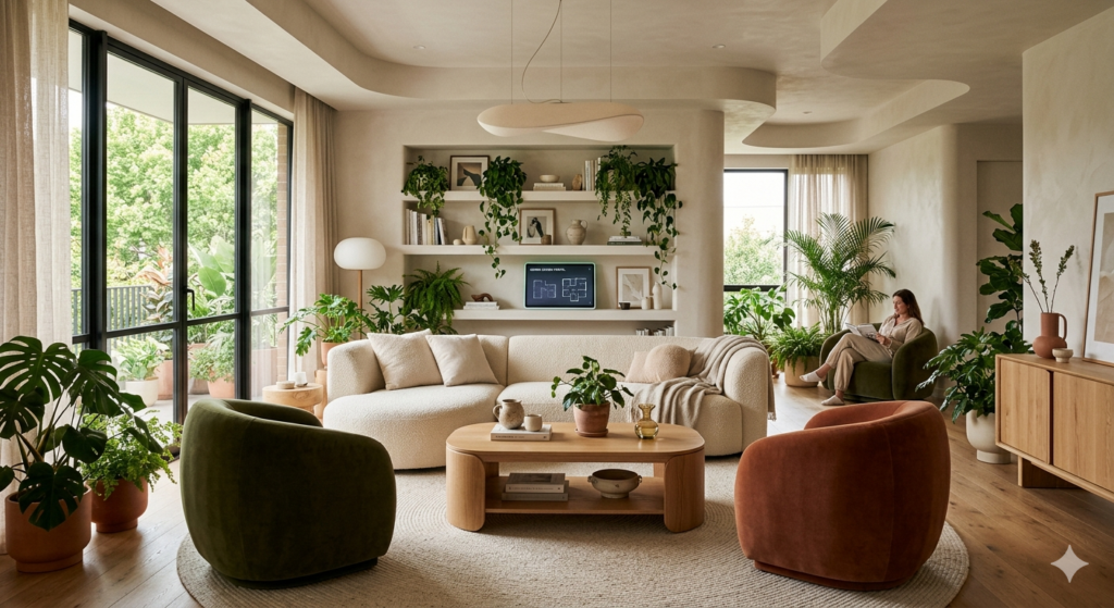 Un salon harmonieux et lumineux illustrant le concept de décoration d'intérieur avec Gemini en 2026.