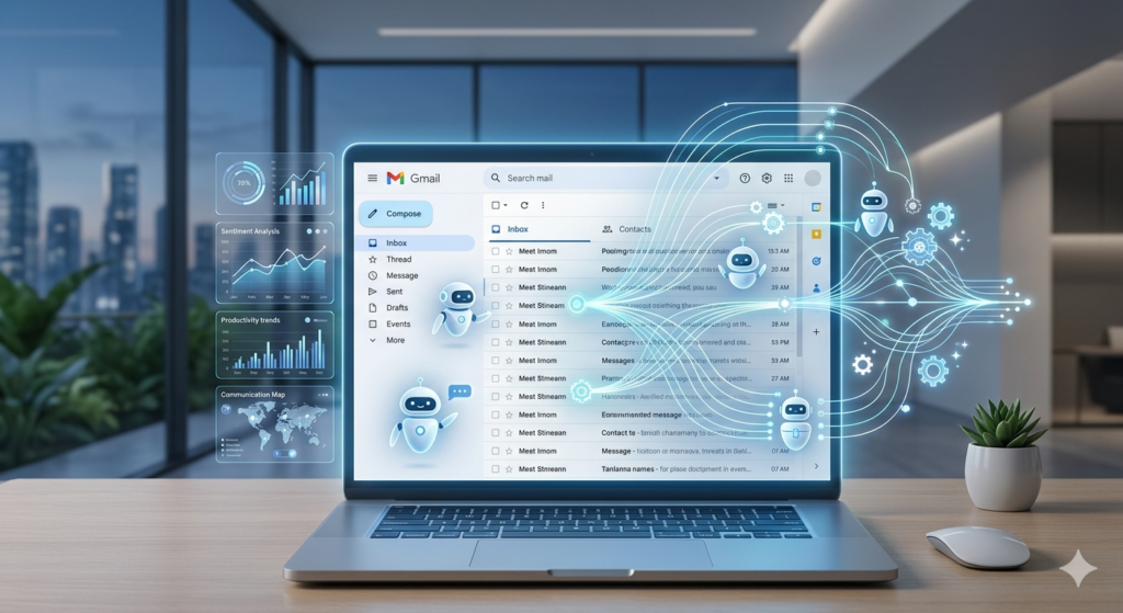 Visualisation technologique de l'optimisation Gmail IA avec des flux de données et des agents intelligents